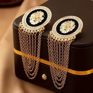 Elegant Gold and Black Lion Medallion Earrings
